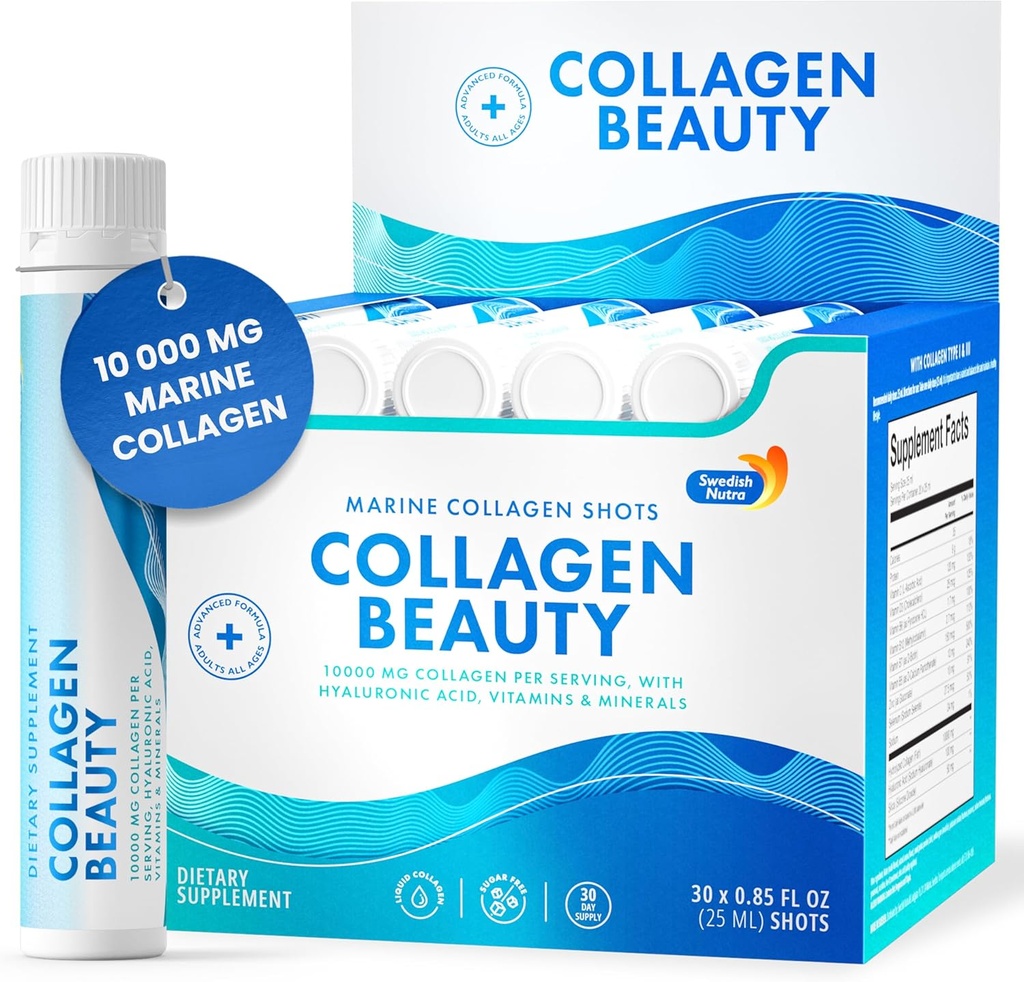 Sueco Nutra - Beleza Colágeno 10 000 mg Colágeno Líquido Hidrolisado Marinho Suplemento - 30 x 25 ml Tiros diários de ácido hialurônico e vitamina C para apoiar Cabelo saudável, pele, unhas      