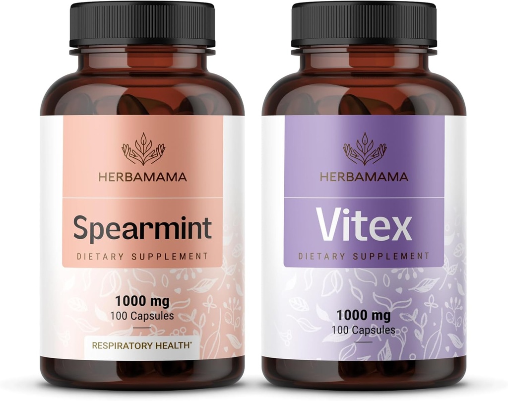 HERBAMAMA Spearmint e Kit Vitex - Pacote de 1000 mg Spearmint Leaf & Vitex Chasteberry Cápsulas - Vegan, Não-GMO, Gelatin-Free - 2 Pack