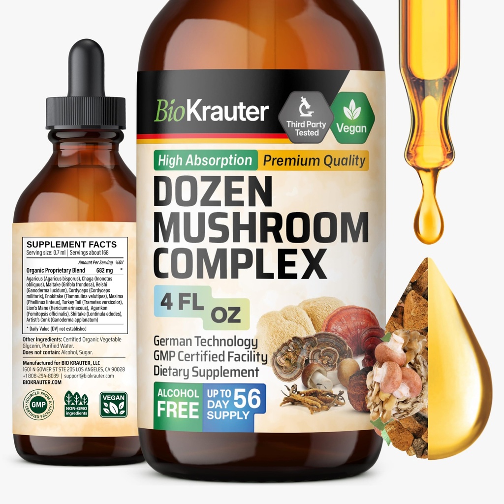 BIO KRAUTER Dúzias Tintura de cogumelos - Imune Supply Drops - Promove suporte digestivo e cognitivo - Não-GMO, fórmula de defesa de imunidade líquida - 4 fl. oz garrafa
