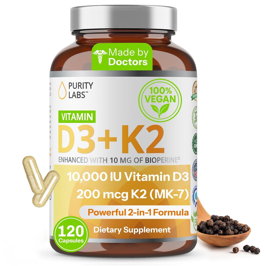Laboratório de Pureza Vitamina D3 K2 10000 UI, (250mcg) D3 + 200mcg K2 MK7 - Suplemento de Suporte Imune Melhorado com Bioperina - Suplementos para Defesa Diária, Osso, Músculo e Saúde da Pele - 120 Cápsulas