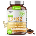 Laboratório de Pureza Vitamina D3 K2 10000 UI, (250mcg) D3 + 200mcg K2 MK7 - Suplemento de Suporte Imune Melhorado com Bioperina - Suplementos para Defesa Diária, Osso, Músculo e Saúde da Pele - 120 Cápsulas