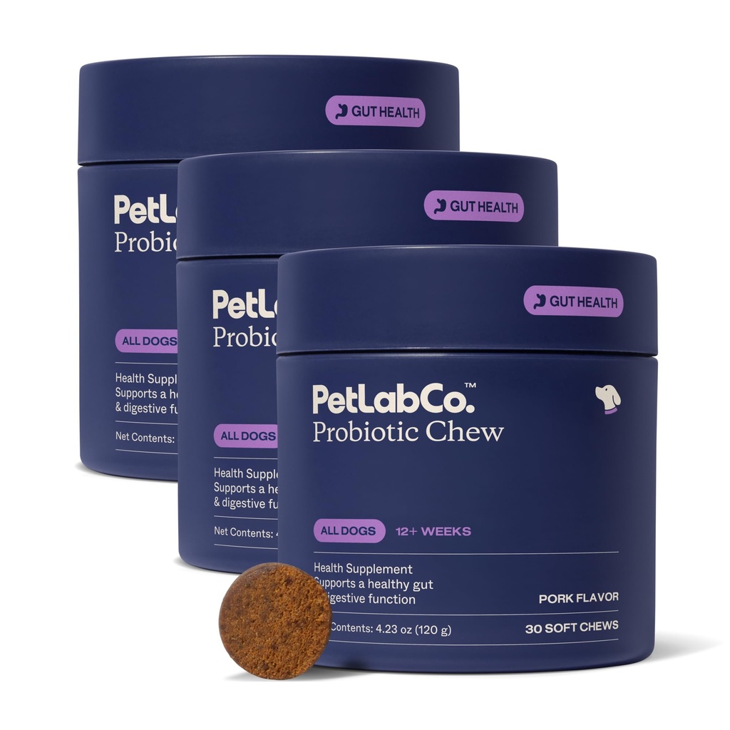 PetLab Co. Probióticos para cães, saúde da tripa de apoio, diarreia ocasional, saúde digestiva & alergias sazonais - sabor de porco - 30 mastigas macias - embalagem de maio Vary (Value 3-Pack)