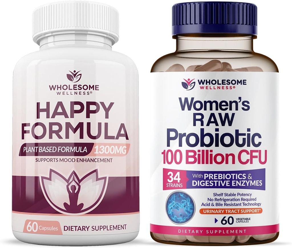 Bem-estar saudável Fórmula feliz Suplemento de alívio de fórmula natural + Dr. Probióticos Raw Formulados para Mulheres 100 bilhões de CFUs Bundle