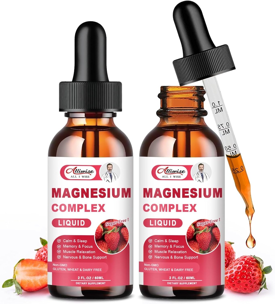 2 Pacote Triplo Magnésio Complexo Drops Líquidos Misturar com Magnésio Glicinato 500mg, Malato e Taurate para Max Bio-Disponibilidade □ Alta Absorção Vegan, Não-GMO Nerv, Relaxação, Músculo & Sono