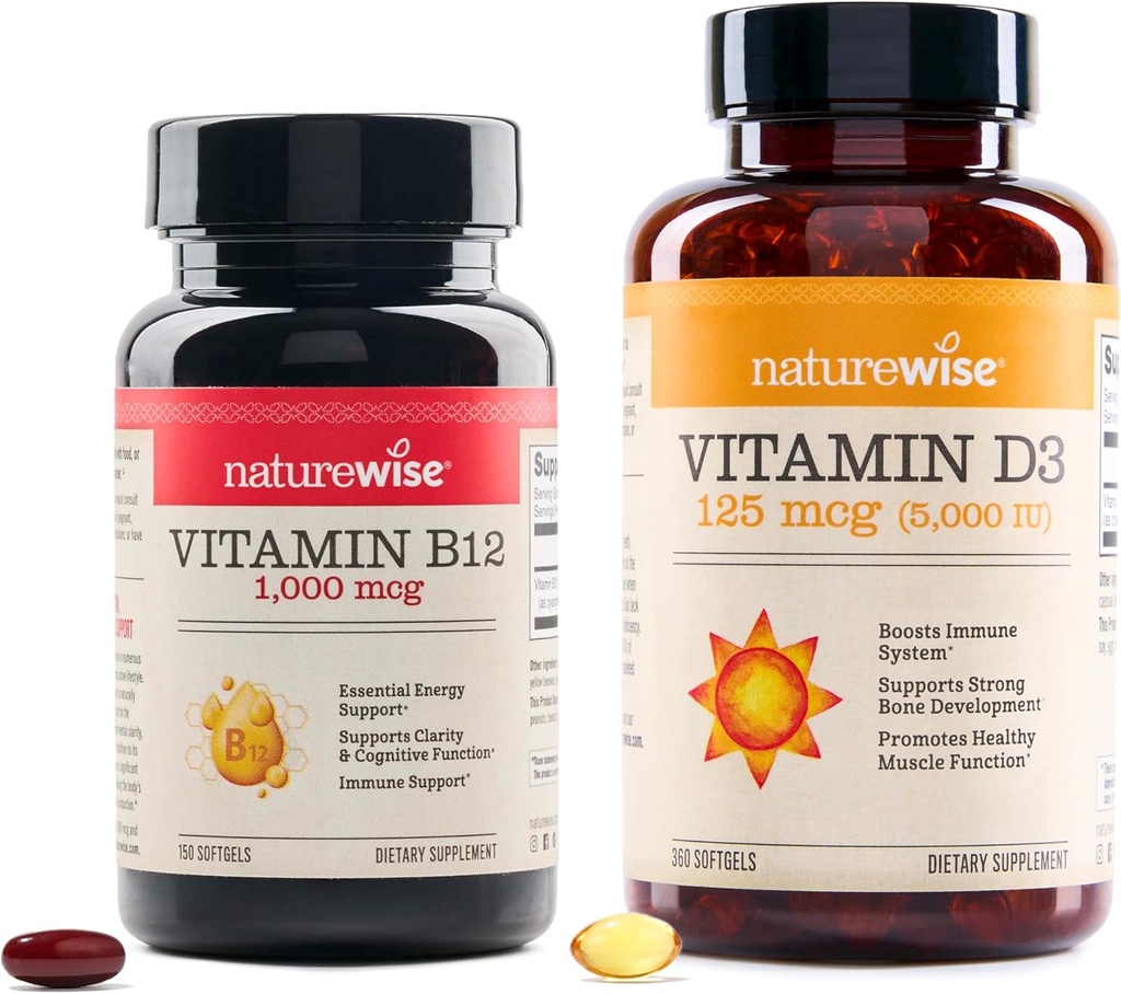 NaturezaWise Vitamina B12 1.000 mcg 150 Softgels & Vitamina D3 5000iu 360 Mini Softgels para energia, clareza mental, suporte ósseo e muscular