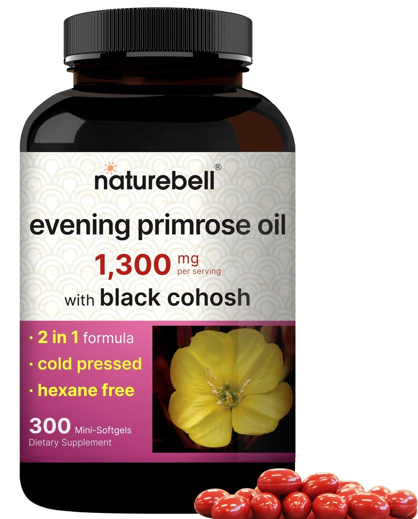 NatureBell Evening Primrose Oil com Black Cohosh, 1.300mg por serviço, 300 Mini-Softgels □ Sementes prensadas frias, contém 130mg GLA para Womens Health & Skin Care Support – Hexane Free, Non-GMO