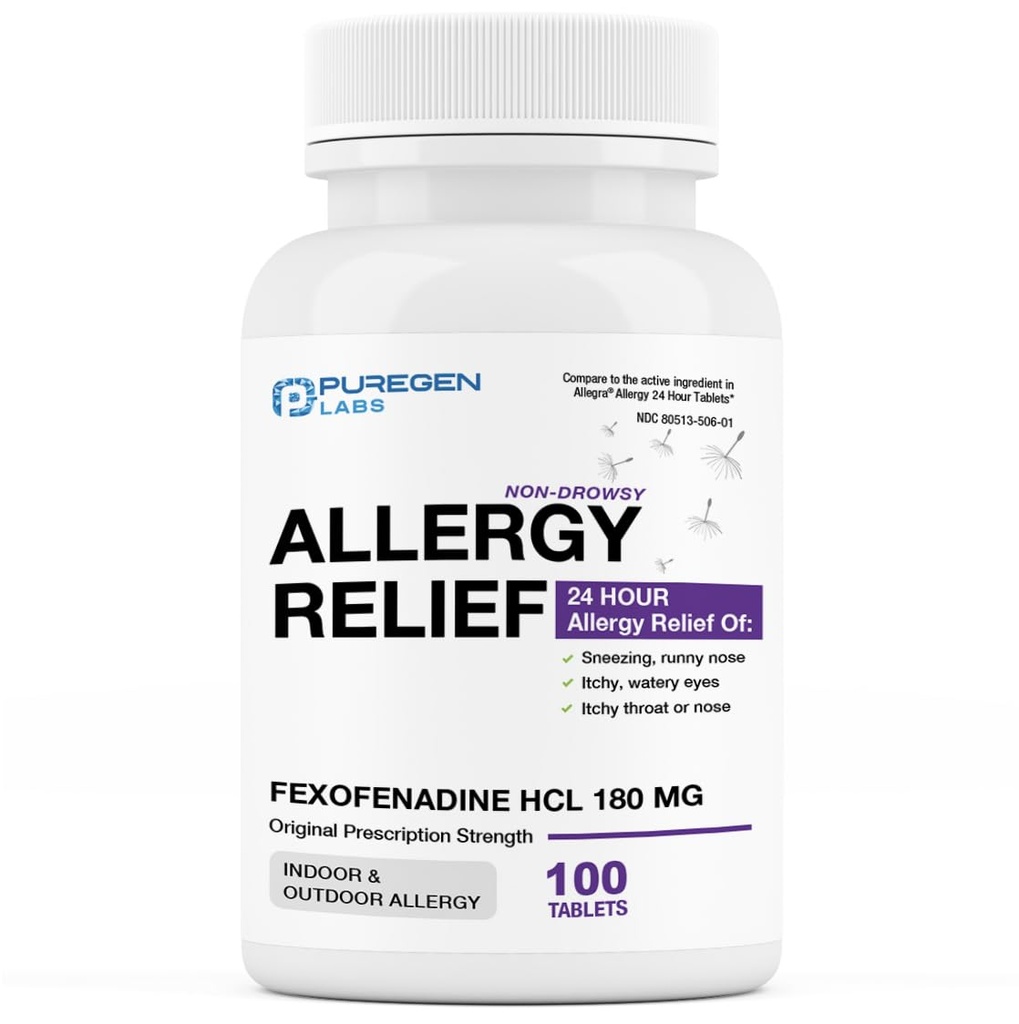 Puregen Labs Allergy Relief, Fexofenadina 180mg, 100 comprimidos – 24 horas anti-histamínico anti-histamínico Alergia Medicina para Nariz Runny, espirros, Comichão, Olhos Aguados - Made in USA