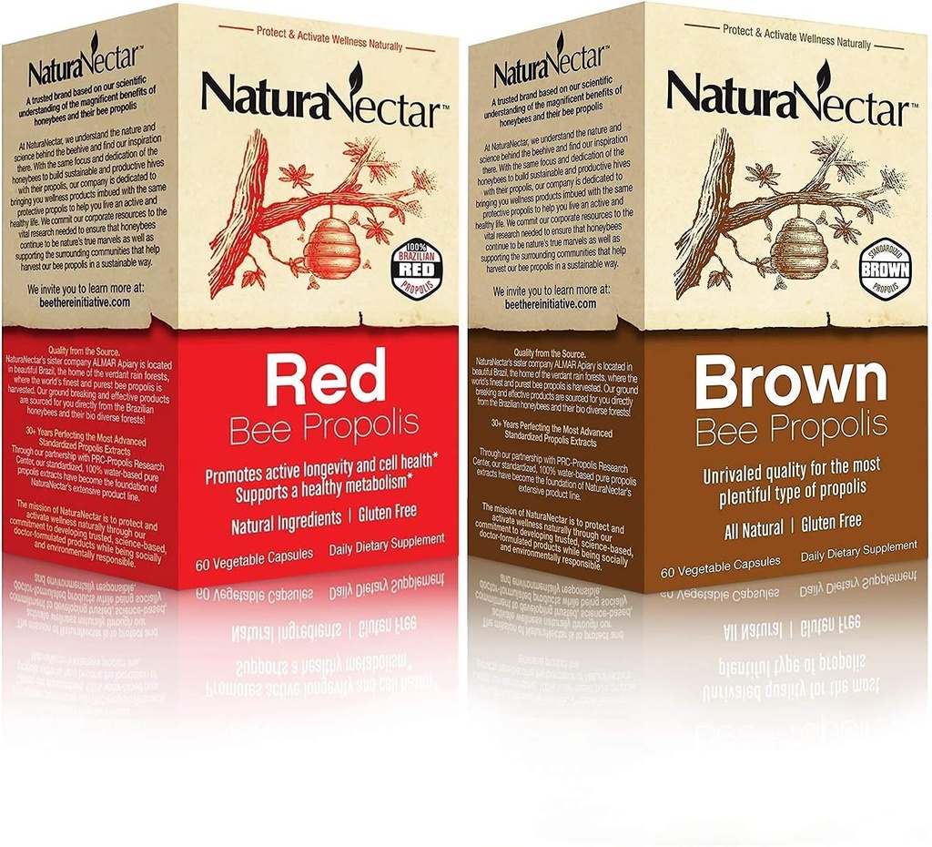 NaturaNectar Natural Bee Propolis Bundle - Red Própolis e Brown Própolis - para apoio imunológico, saúde respiratória e metabolismo saudável - 60 cápsulas por garrafa