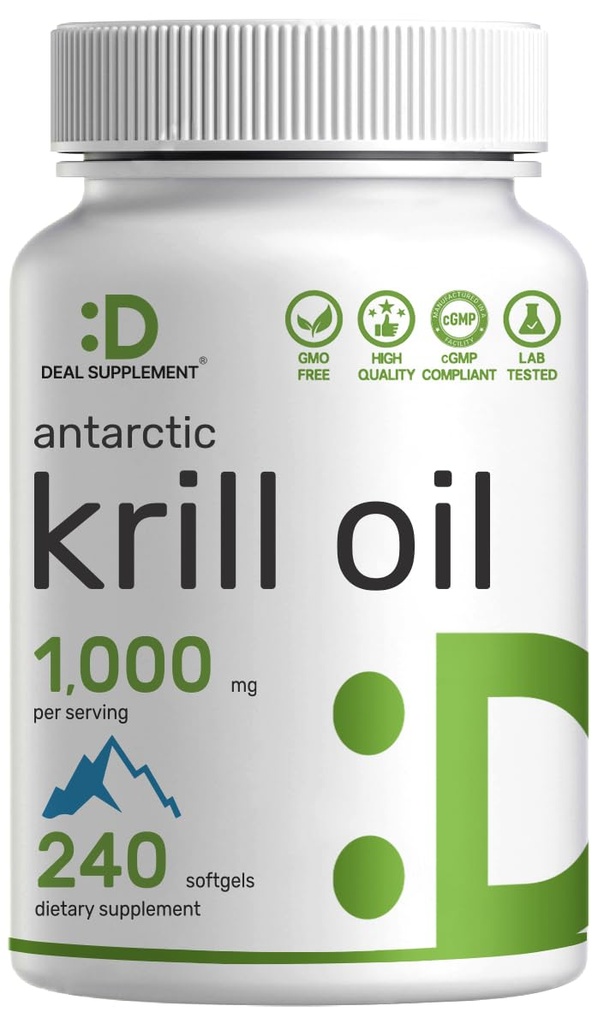 SUPPLEMENT DEAL Antártico Krill Oil, 1.000mg por serviço, 240 Softgels – Mercúrio Livre, Sem gosto de peixe – Rico em Omega-3s, EPA, DHA, Astaxantina, & Fosfolipídios – Não-GMO, Sem glúten