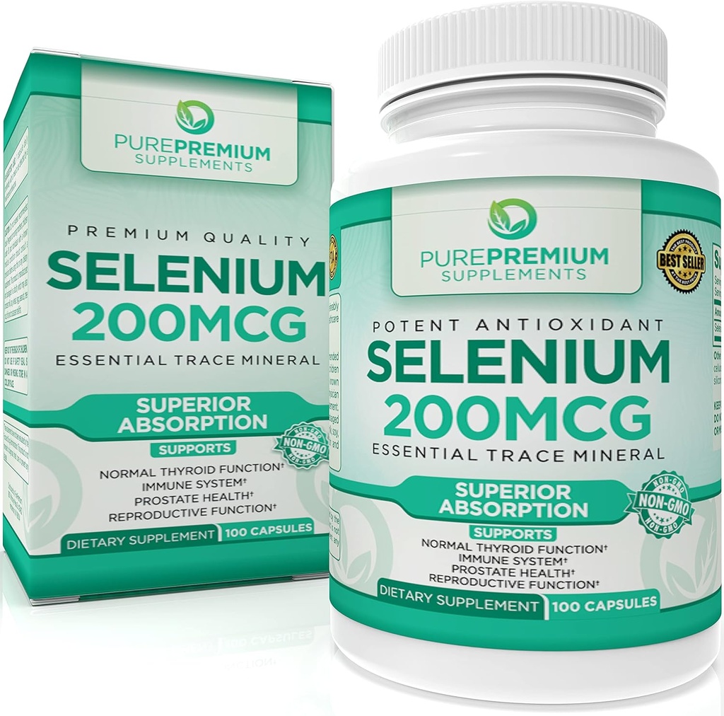 PurePremium Selenium 200mcg Supplement - L Selenometionina Essential Mineral - Apoio Diário para Tiróide Normal, Sistema Imune, Função de Próstata Normal - 3 Meses Fornecimento - 100 Cápsulas