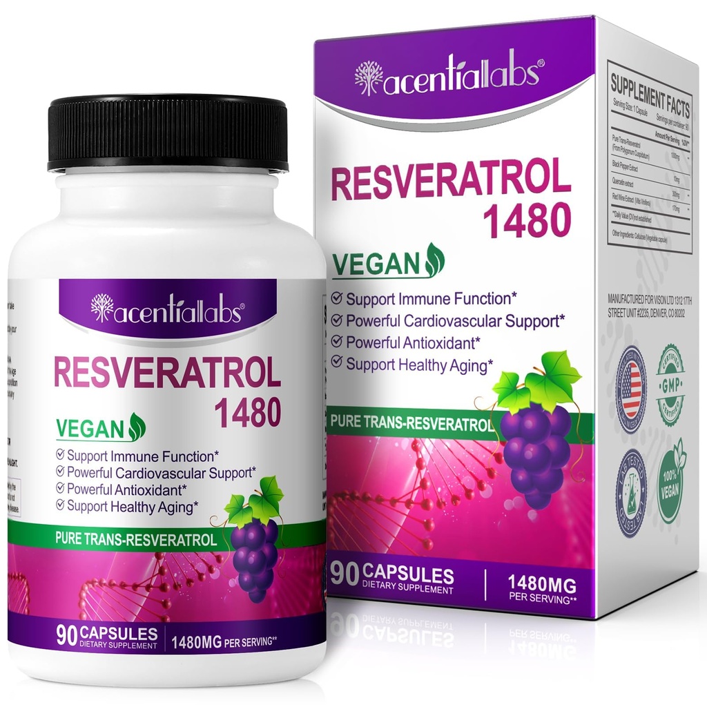100% Resveratrol Natural - 1480mg Por Servindo, 90 Cápsulas Veggie, 99% Puro Trans-Resveratrol, Antioxidante para Envelhecimento Saudável, Cérebro e Suporte Cardíaco