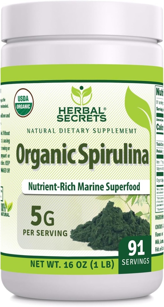 Herbal Secrets espirulina orgânica em pó 16 Oz, não-GMO, sem glúten