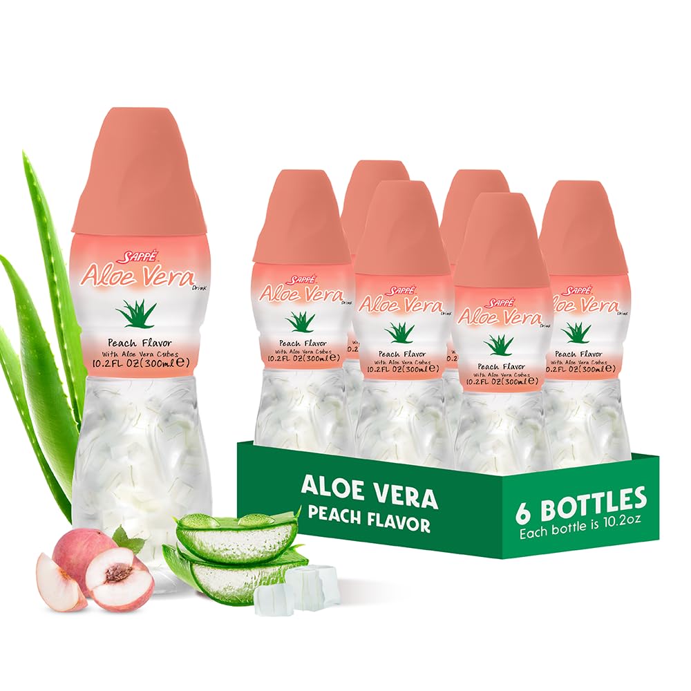 Suco de aloé vera (aroma de pêssego) com polpa de aloé mais grossa e pura (6 embalagens) Suco à base de plantas grande para hidratação e contém grande polpa de aloé. É saudável para adultos e crianças