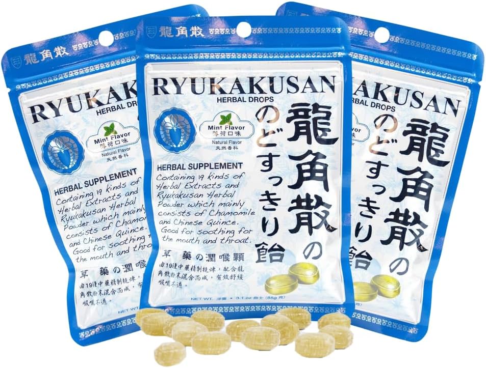 Solstice Medicine Company Ryukakusan Herbal Drops (Pacote de 3) - Sabor de hortelã (Garganta calma e suporta respiração)