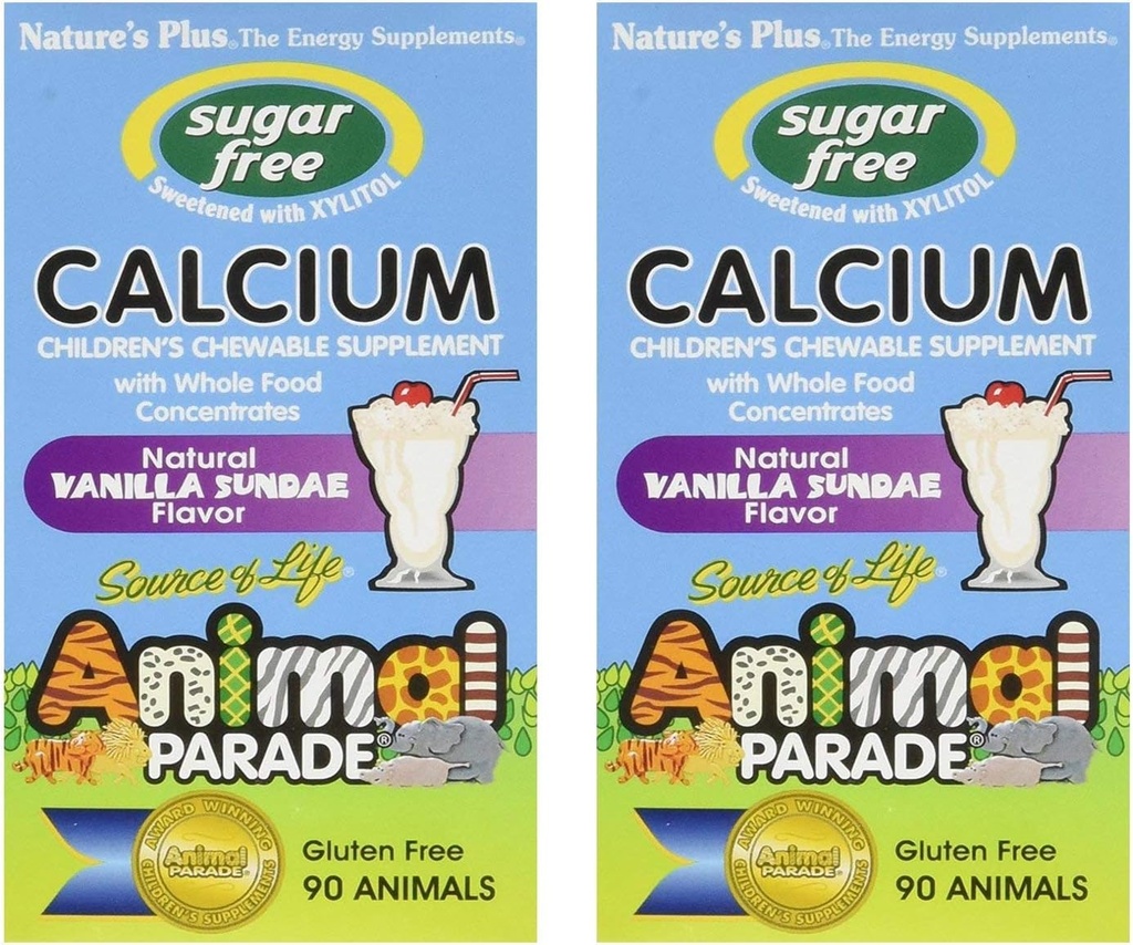NaturalsPlus Animal Desfile de Cálcio de crianças sem açúcar, Vanilla Sundae Flavor - 90 Mastigáveis Animal Shaped Tablets, Pack of 2 - Magnésio para a saúde óssea - Gluten Free - 90 Servings