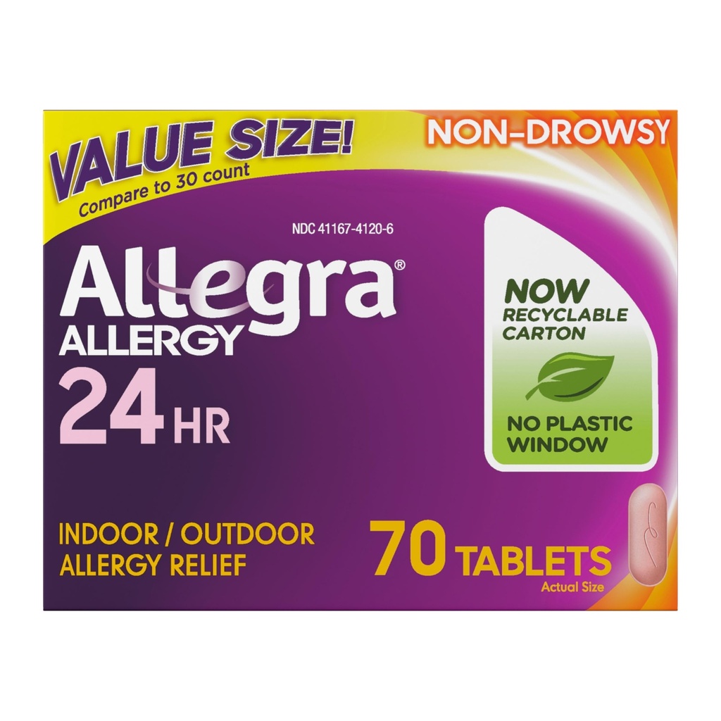 Allegra Adulto Comprimidos de Alergia de 24 horas, Medicina de Alergia Interior e Exterior, 180 mg de Fexofenadina HCI Anti-histamínico, 70-Count