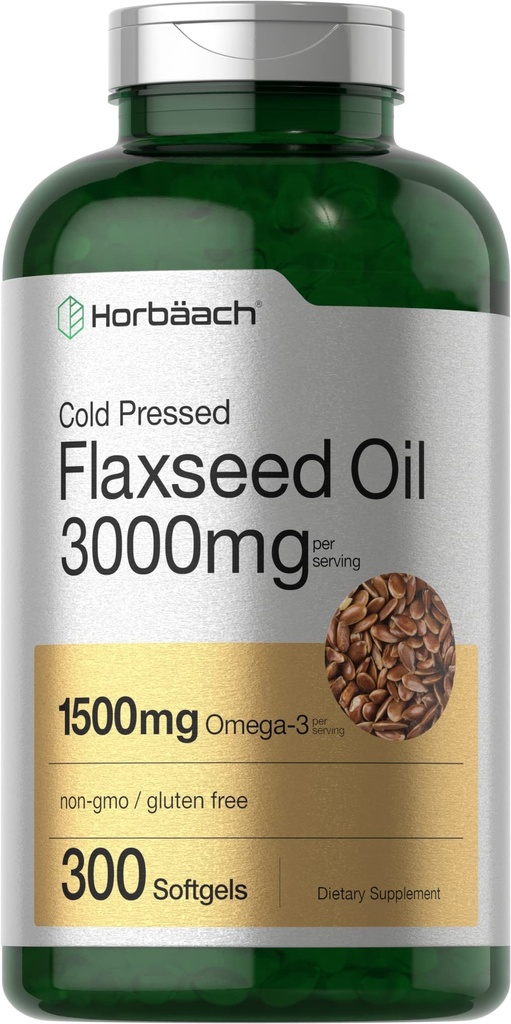 Horbäach Flaxseed Oil Softgel Cápsulas de 3000mg □ 300 Contagem de Alta Potência com Omega 3 6 9