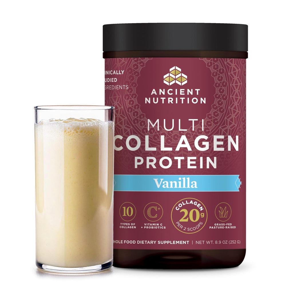 Nutrição antiga Colágeno Peptídeos Pó, Proteína de Colágeno Multi, Mulheres e Homens, Vitamina C, Probióticos, Colágeno Hidrolisado, Suporta a pele, Joints, Gut Health, Vanilla, 24 Servings