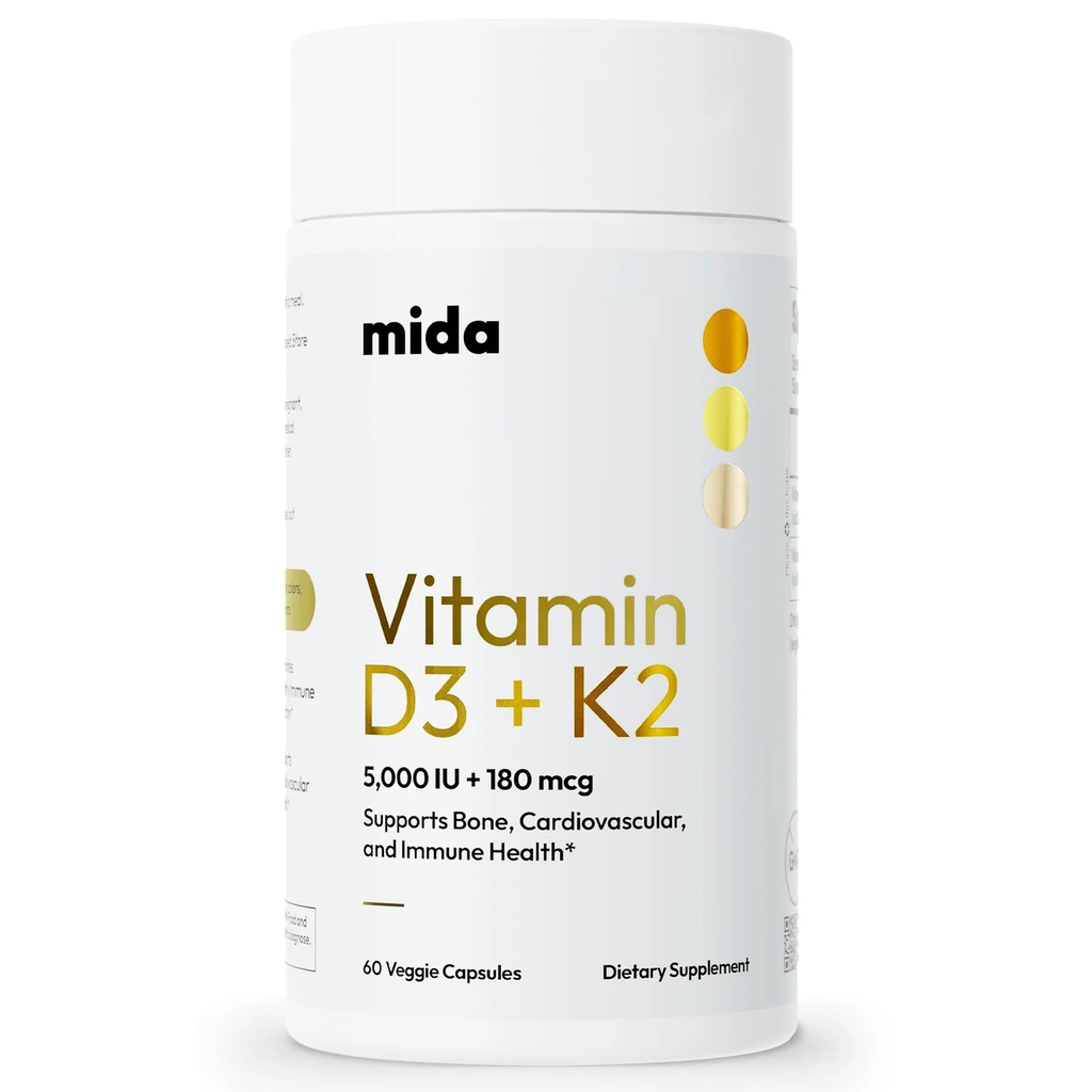 Mida Health® D3 K2 Vitamina 5000 UI com MK-7 □ Suplemento Natural para Osso, Coração e Imune Suporte