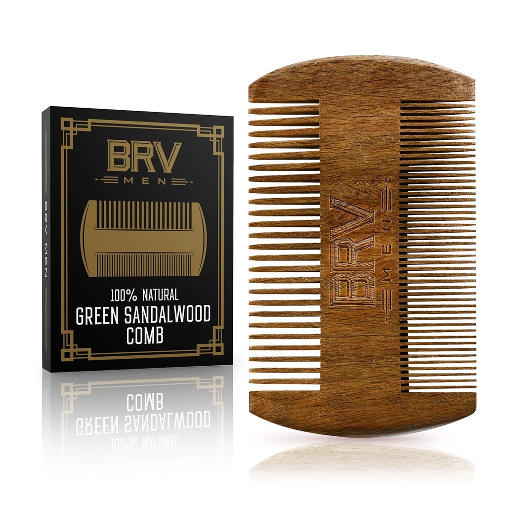 BRV HOMENS Barba e bigode Comb, 100% natural verde Sandalwood, bolso barba pente com caso de transporte, barba de madeira pente para homens para todos os tipos e estilos de cabelo e barba