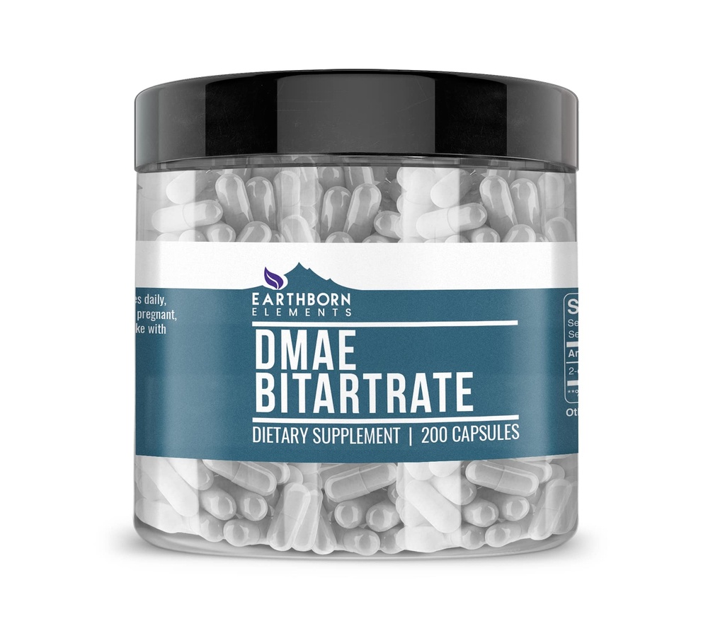 Elementos nascidos na Terra DMAE Bitartrate 200 Cápsulas, Pura & Sem Diluição, Sem Aditivos