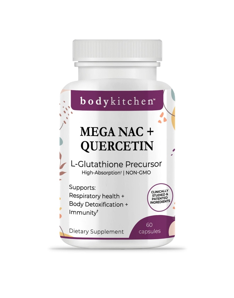 Body Kitchen Mega NAC (N-Acetil Cysteine) 600 mg com Quercetina, Suporta Saúde Respiratória e Imune Função e Promove Detox Fígado e Rim, Veggie Caps, (Pacote de 1)