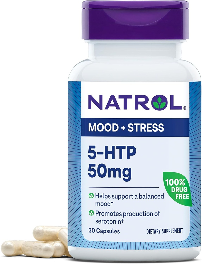 Natrol Mood & Stress 5-HTP 50mg, Suplemento dietético ajuda a apoiar um humor equilibrado, 30 cápsulas, 7-30 dias de fornecimento