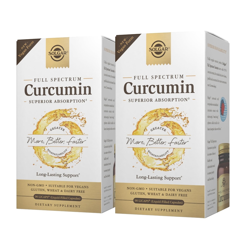 Solgar Full Spectrum Curcumin - 90 LiCaps, Pacote de 2 - Absorção Superior - Cérebro, Conjunção e Saúde Imune - Não-GMO, Vegan, Glúten Livre, Leite Livre - 180 Total Servings