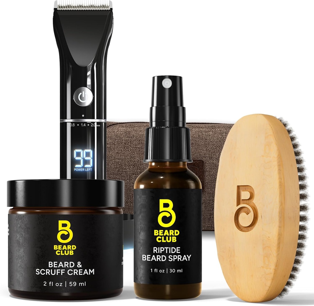 O Barba Clube PT45 Trimmer para homens - Recarregável sem fio elétrico, Creme de barba, Spray de barba riptídica, Escova de barba, Bolsa de viagem– Pacote de kit de presente
