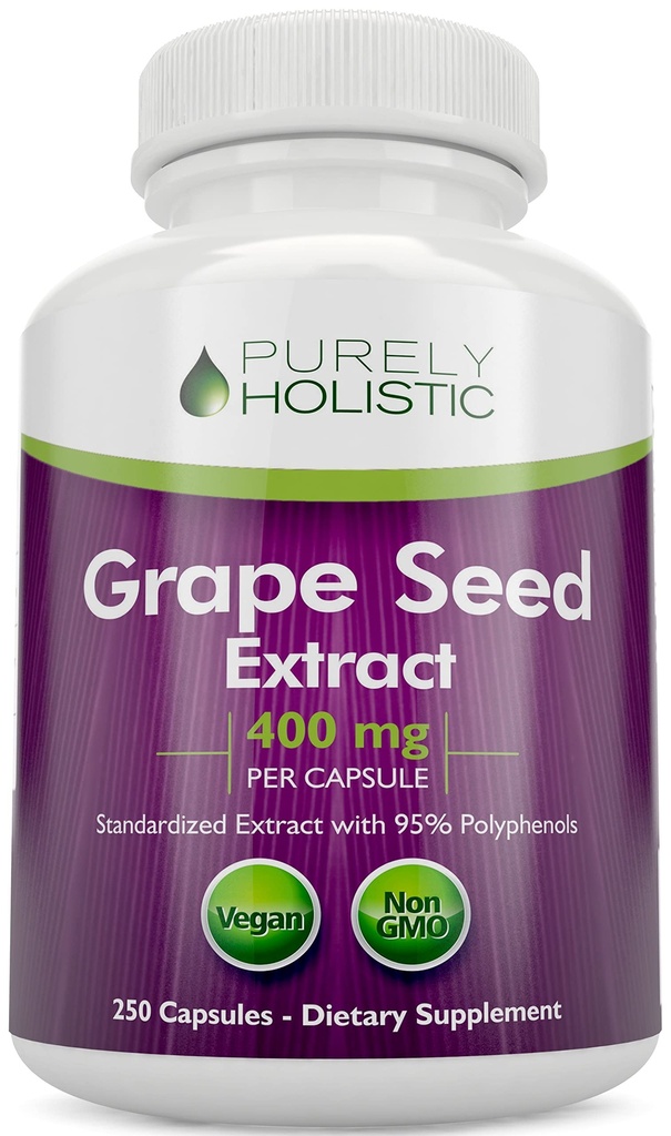 Puramente Holistic Grape Seed Extract 20.000mg - 250 Cápsulas Vegan - 8+ Mês de Fornecimento - Padrão para 95% Polifenóis - 400 mg por cápsula - Uva de força máxima - Não-GMO & Pesticida Grátis