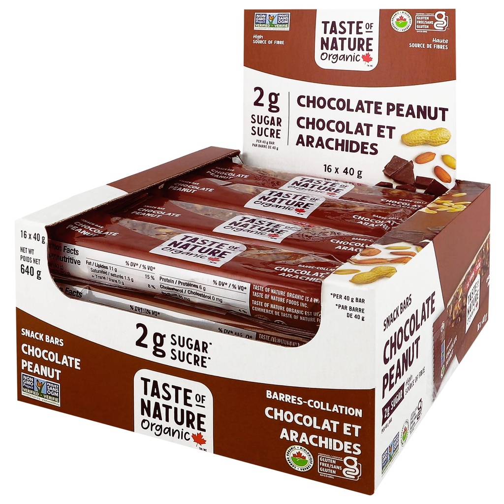 Sabor da natureza - 2g de açúcar Amendoim de chocolate - Lanchonete de açúcar baixo e bar de café da manhã, Barra de energia de alta fibra - 16 Count Snack Pack