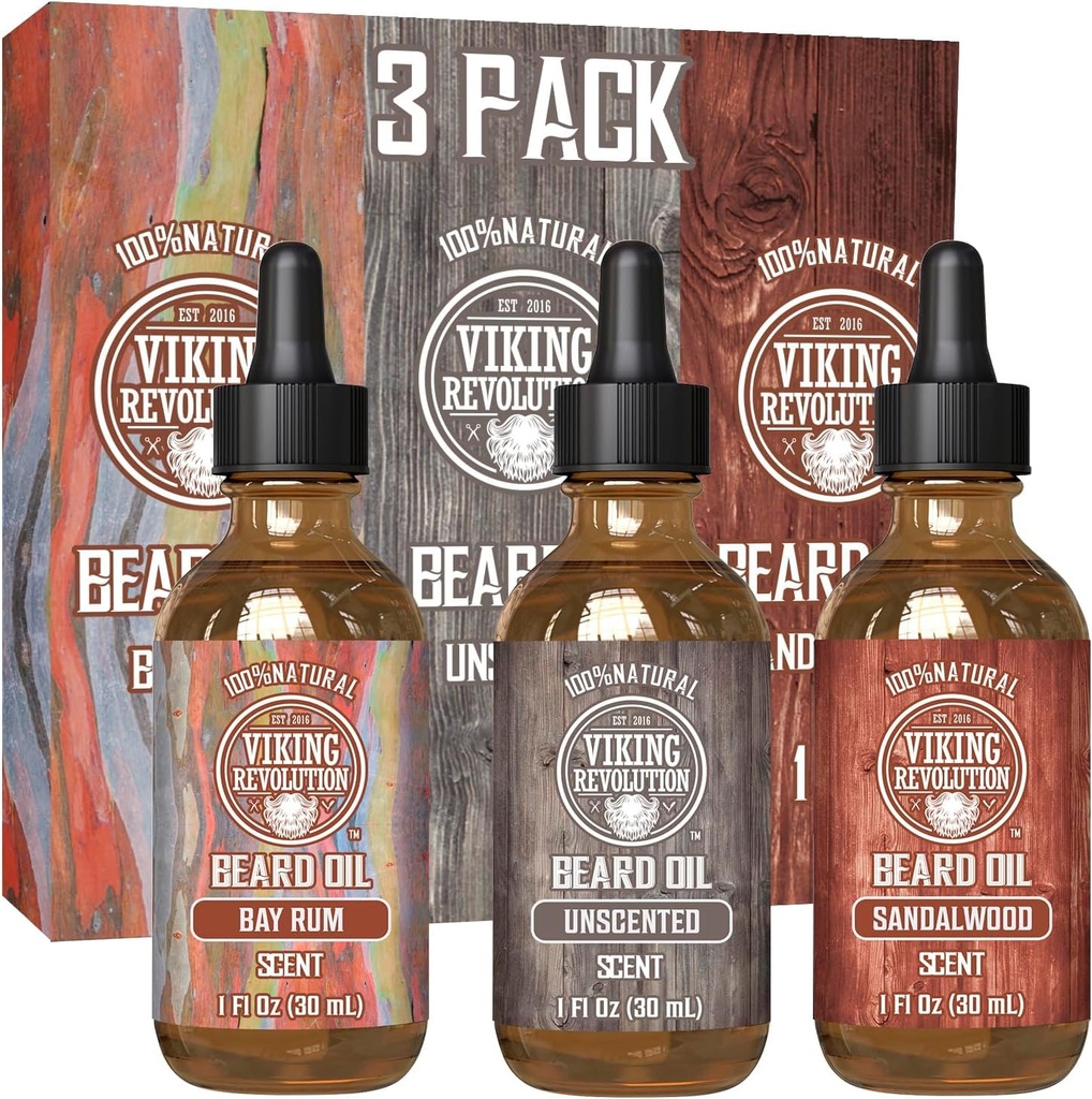 Viking Revolution Beard Oil for Men 3 Pack - Natural Mens Beard Oil Variety Set 2 - Sandalwood, Unscented and Bay Rum Scents - Beard Condicionamento e Hidratação para uma Barba Saudável (3 Pack, 1 onças)