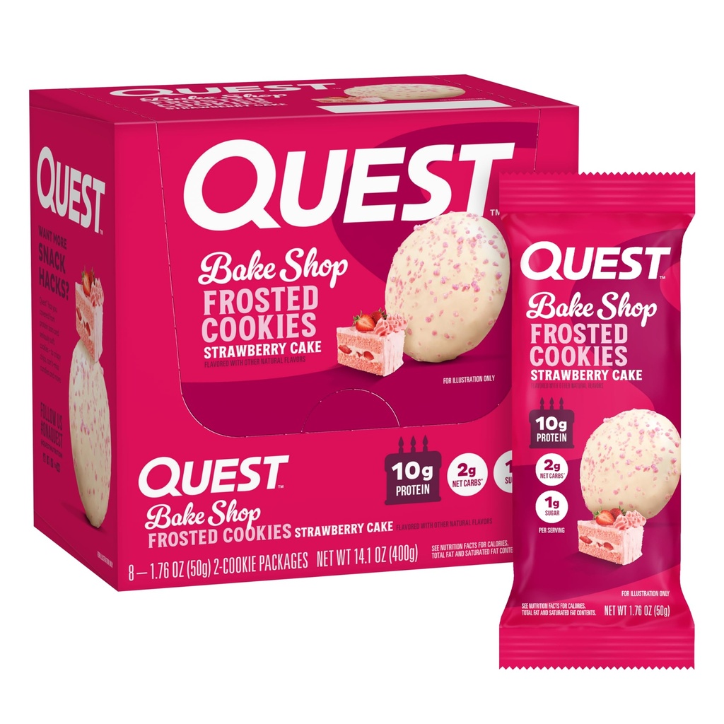 Quest Nutrition Frosted Cookies Pacote Twin, Bolo de morango, 1g de açúcar, 10g de proteína, 2g de carboidratos líquidos, sem glúten, 16 cookies