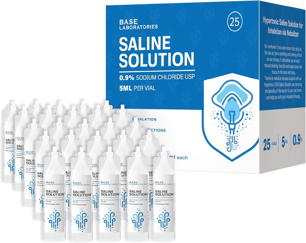 LABORATÓRIOS DE BASE Solução salina a 0,9% para máquina de nebulização Solução salina para inalação e irrigação nasal Concentração a 0,9% l 25 Frascos 5ml Dose unitária