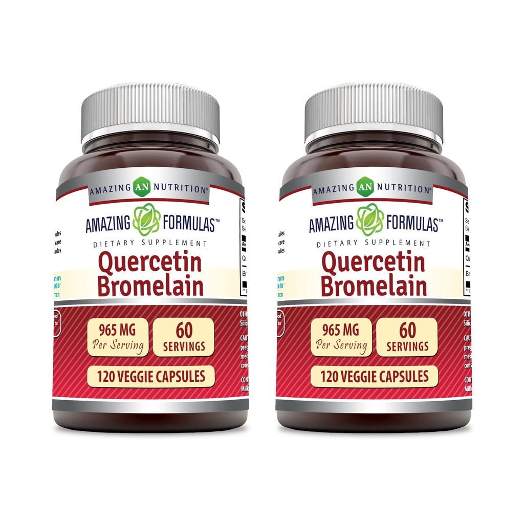 Fórmulas surpreendentes Quercetin 800mg com Bromelain 165mg, 120 Veggie Cápsulas Suplemento (Pack of 2) - Não-GMO - Gluten Free - Suporta Saúde Geral e Bem-Estar
