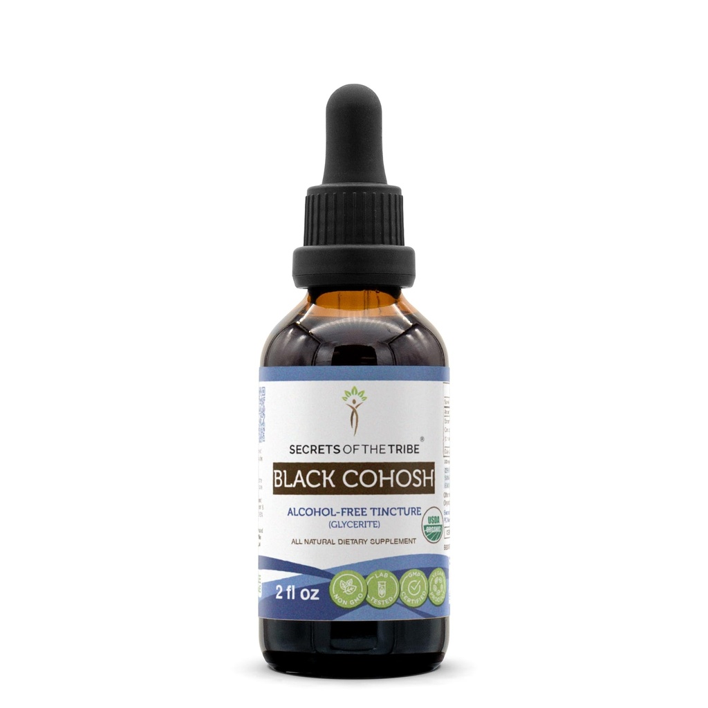 Segredos da tribo Black Cohosh USDA Orgânico Extrato Livre de Álcool, Drops de Ervas de Alta Potência □ Feito a partir de 100% certificado Orgânico Preto Cohosh (Cimicifuga Racemosa) Raíz seca 2 onças