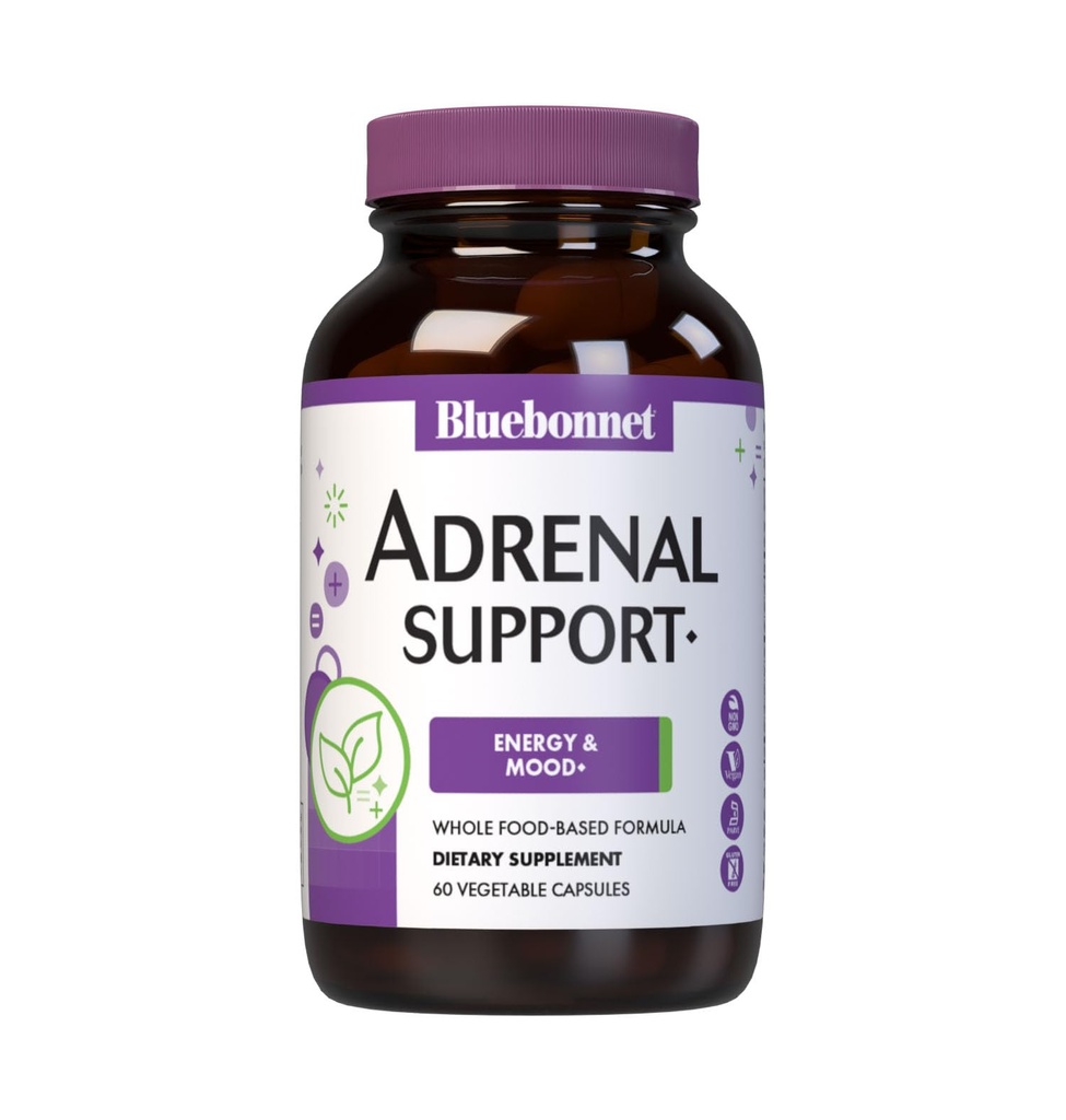 Bluebonnet Nutrition Suporte adrenal, Energia e humor*, Não-GMO, Vegan, Kosher Certificado, Sem glúten, Sem soja, Laticínios, 60 Cápsulas Vegetais, 30 Servimentos