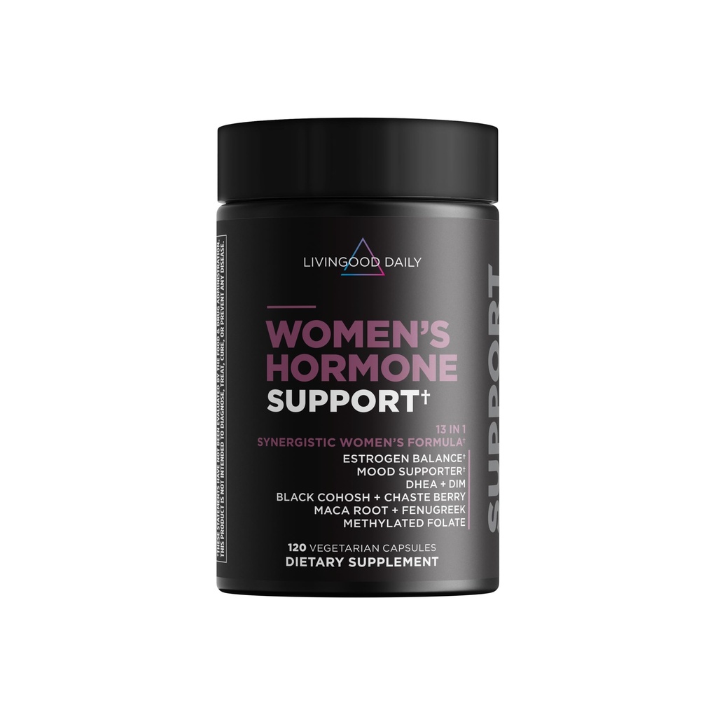 Livingood suplemento de suporte diário de hormônios femininos, equilíbrio de estrogênio com feno-grego, Cohosh preto, Chasteberry, DIM, Natural PMS & Suporte de menopausa, Sem OGM, Glúten livre, Cápsulas vegetarianas, 120 Ct