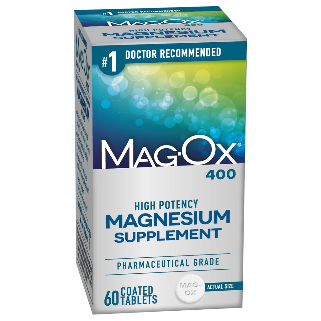 Mag-Ox 400 Suplemento de magnésio, Óxido de magnésio de grau farmacêutico com 482 mg por dose, 60 comprimidos