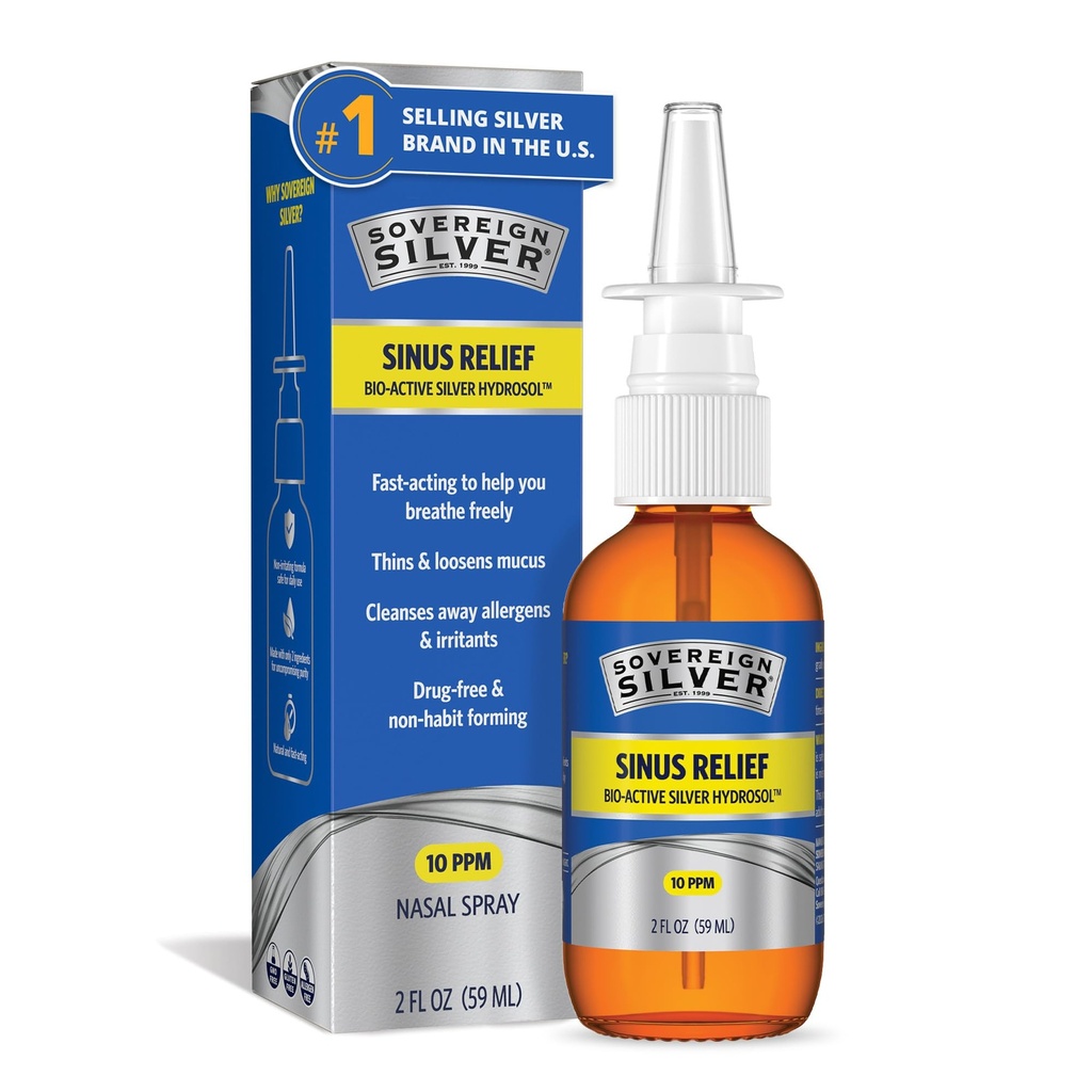 Spray nasal natural de prata soberana - Spray nasal de prata coloidal, umidade do nariz bio ativo para congestão sinusal e suporte imunológico, adultos e crianças, 10 ppm - 2 fl oz (59mL)