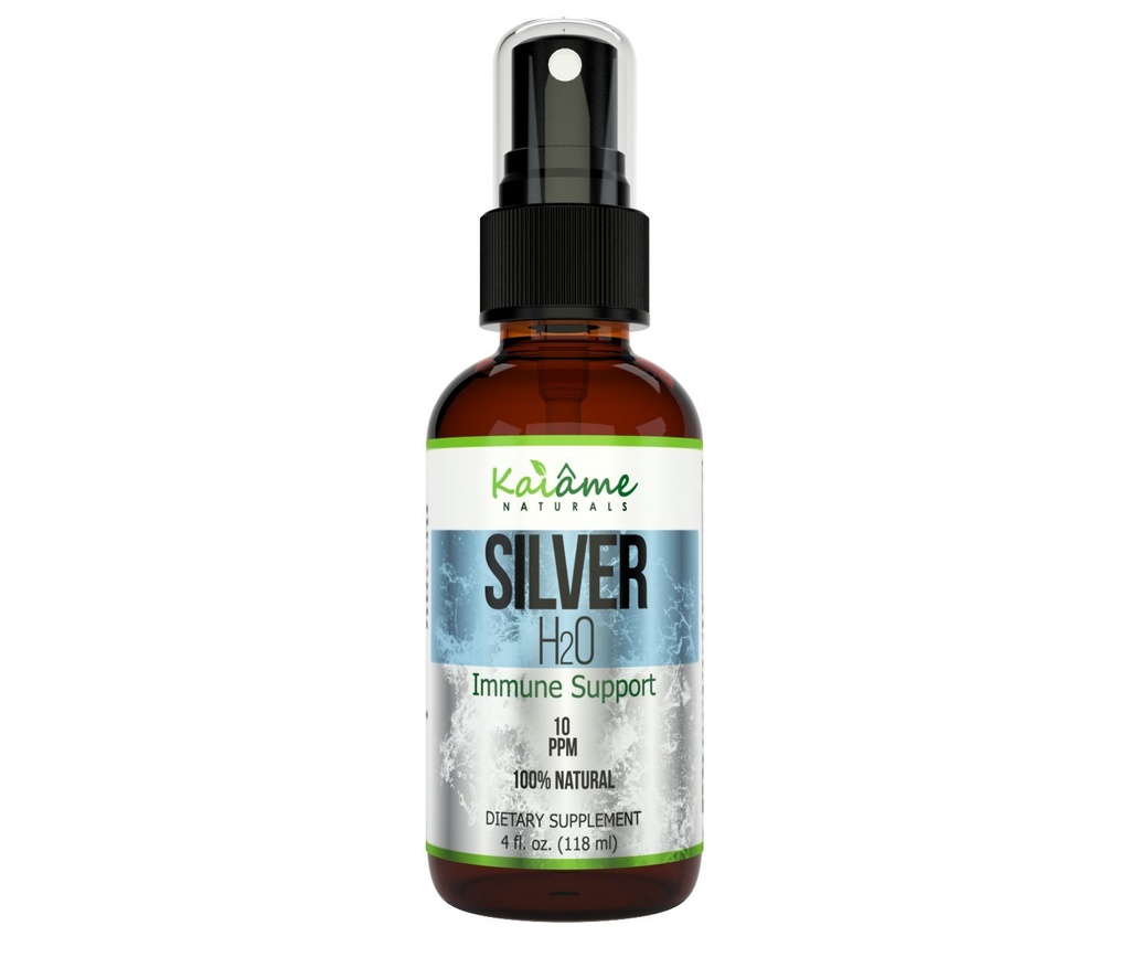 Kaiame Naturals Colloidal Silver, Solução Ionic Silver, 10 PPM, Grande 4 oz Spray em garrafa de vidro, Suplemento de Suporte Imune Natural, Seguro para Adultos, Crianças e Animais de estimação