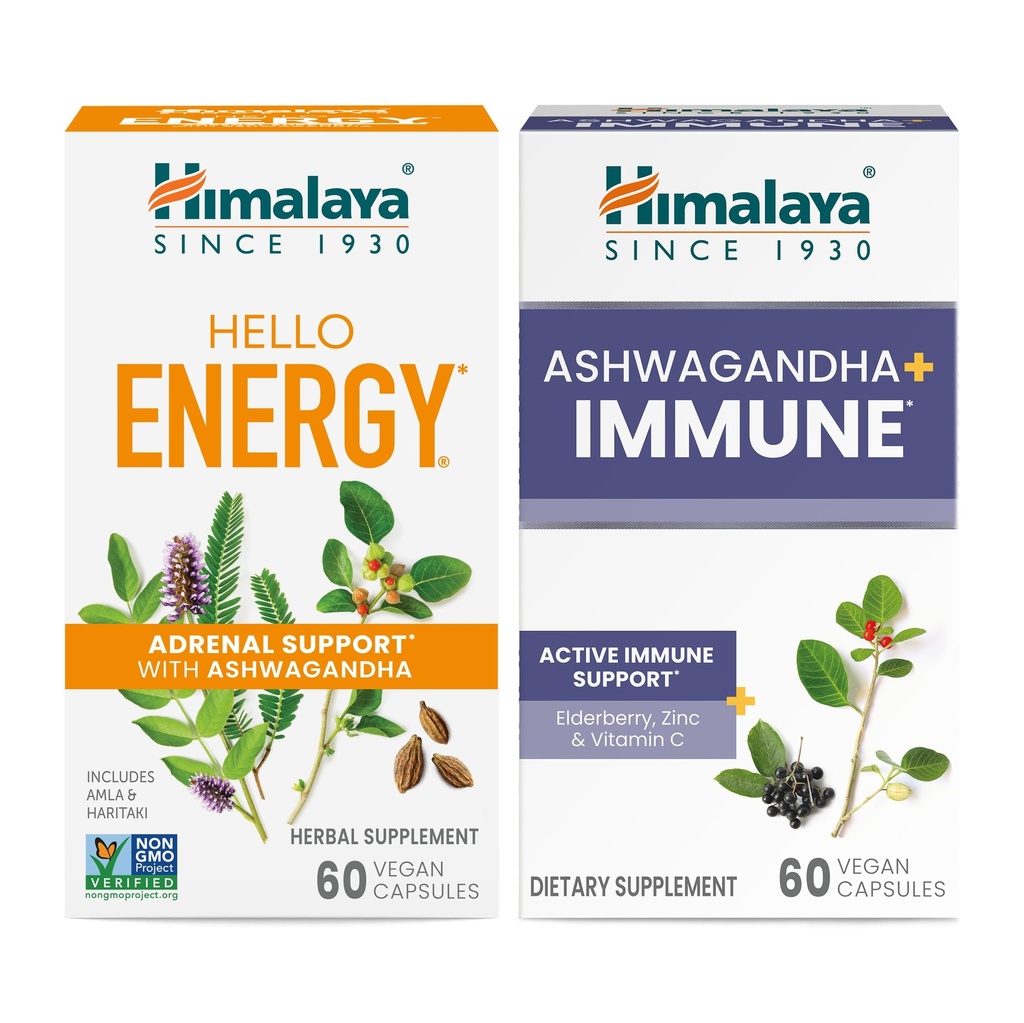 Himalaya Olá Energia com Ashwagandha para Suporte Adrenal e Energia Diária e & Ashwagandha + Imune com Vitamina C para Suporte Imune Activo, 60 Cápsulas Cada - Bundle