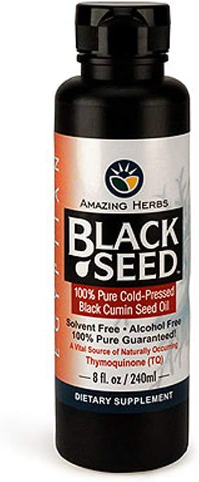 Amazing Herbs Egyptian Black Seed Oil - Gluten Free, Non GMO, Frio Pressed Nigella Sativa Aids em Saúde Digestiva, Suporte imunológico, Função do cérebro, sabor suave - 8 Fl Oz