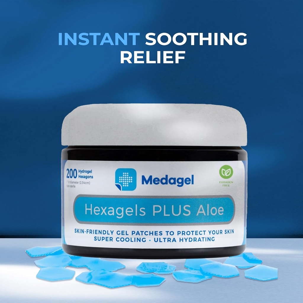 Hexagels Plus Aloe Vera - Advanced Healing Hydrogel Pads para prevenção de bolhas e calmante cuidado de queimadura - Pé, calcanhar, dedo do pé, & proteção do tornozelo, pacote de 200, patches de 1 polegadas, por Medagel, Paraben Free