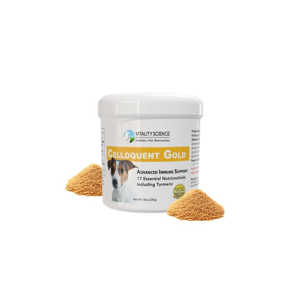 Vitality Science Celloquent Gold for Dogs - Holistic Advanced Imune Support Supplement - 17 Ingredientes comprovados - Auto Imune, Vómito e Diarréia, Depressão (220g)