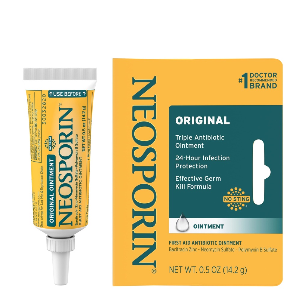 Neosporin Antibiótico de Primeiros Socorros Original Pomada com Zinco de Bacitracina para Proteção de Infecção, Tratamento de Feridas e Minimizador de Aparência de Cicatriz para cortes menores, raspas e queimaduras,.5 oz