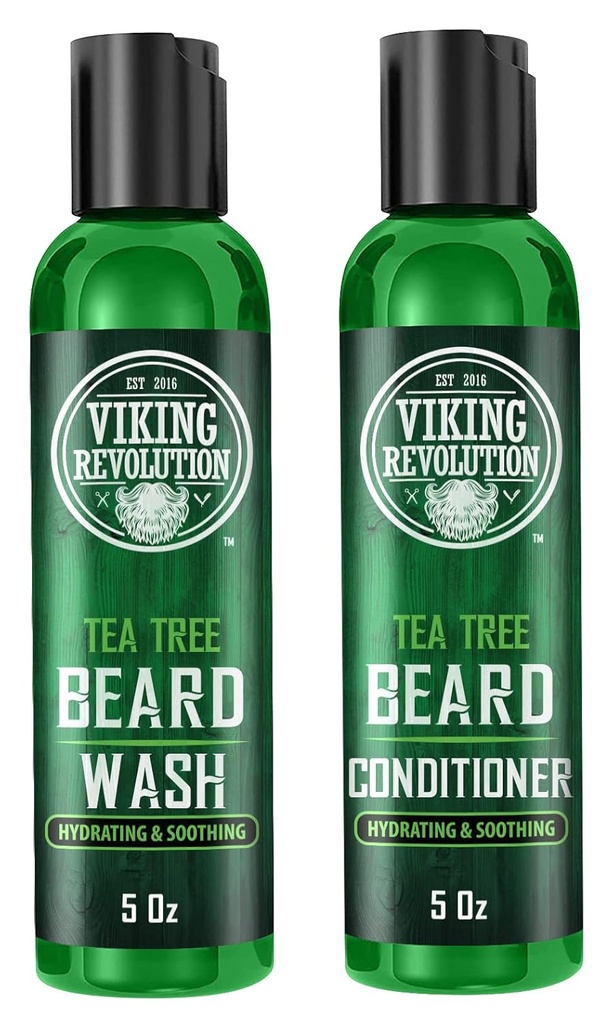 Viking Revolution Tea Tree Beard Wash and Conditioner Conjunto para homens - Natural Beard amolecedor com óleo de Argan, vitamina E e Ginseng (5 Oz)
