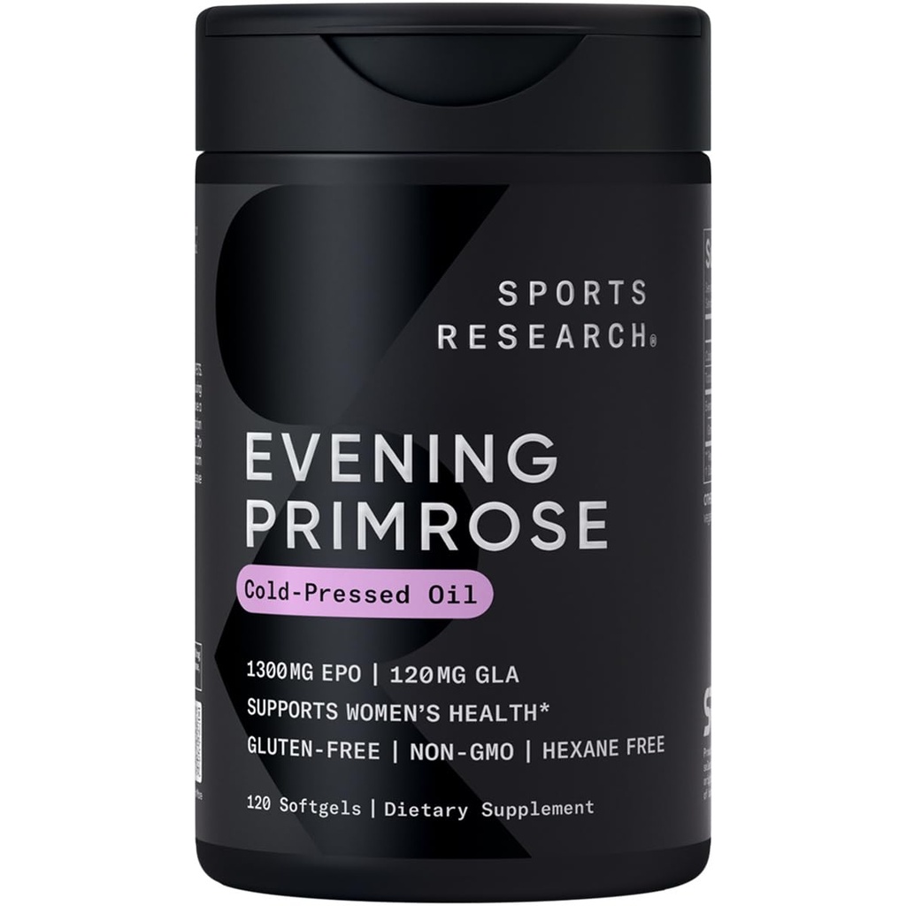 Sports Research® Evening Primrose Oil 1300mg, 120 cápsulas - 10% GLA, prensado a frio, glúten e soja grátis