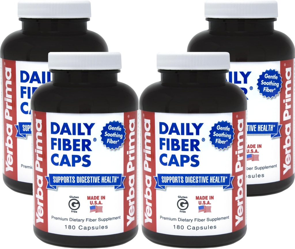 Yerba Prima bonés de fibra diária - 180 Cápsulas, (Pacote de 4) - Suplemento de fibra alimentar solúvel e insolúvel - Colon Cleanse - Gut Health - Vegan, Não-GMO, Sem glúten