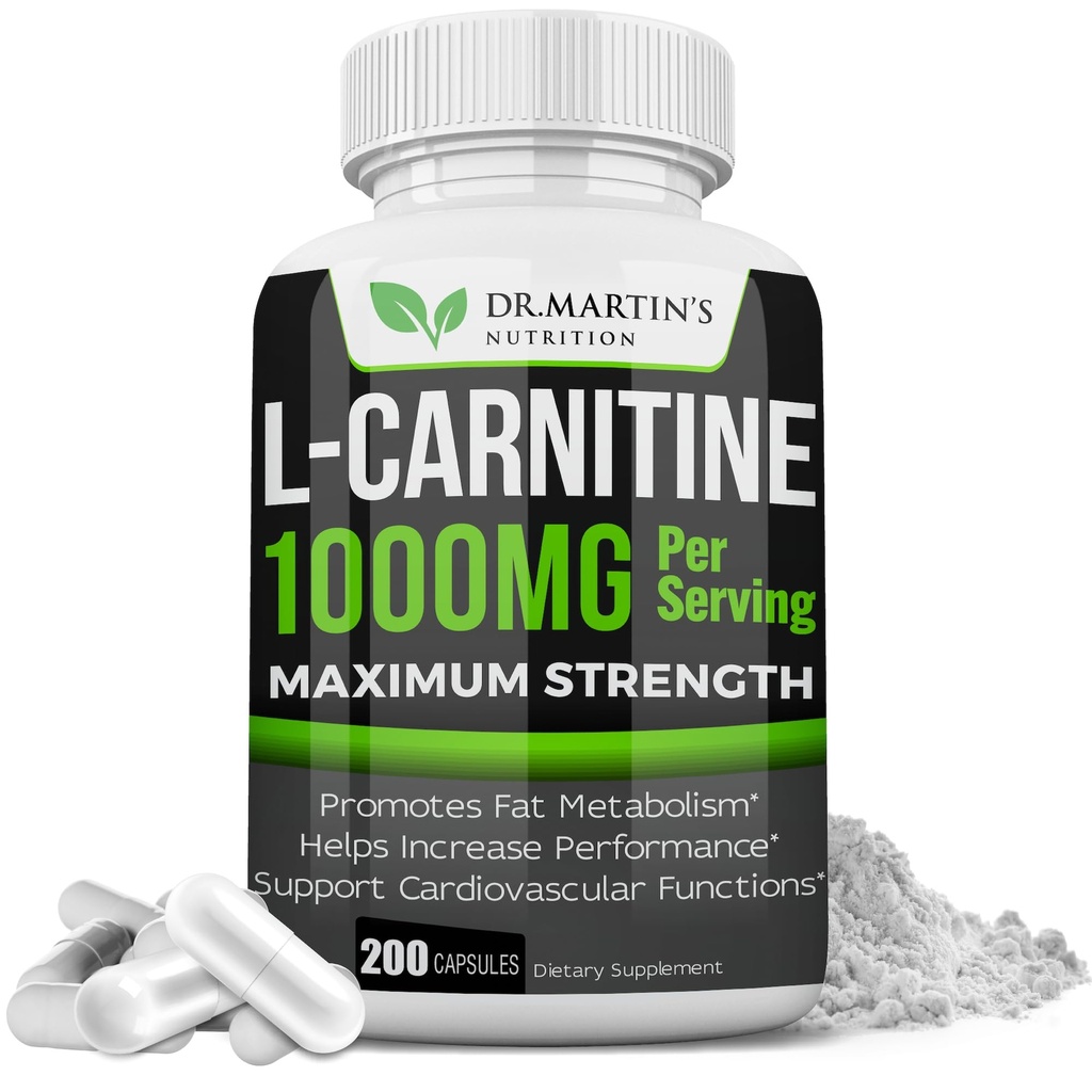 NUTRIÇÃO DE DR. MARTIN Força extra L-Carnitina - 200 Cápsulas - 1000mg por serviço - aumentar o seu metabolismo e aumentar o desempenho